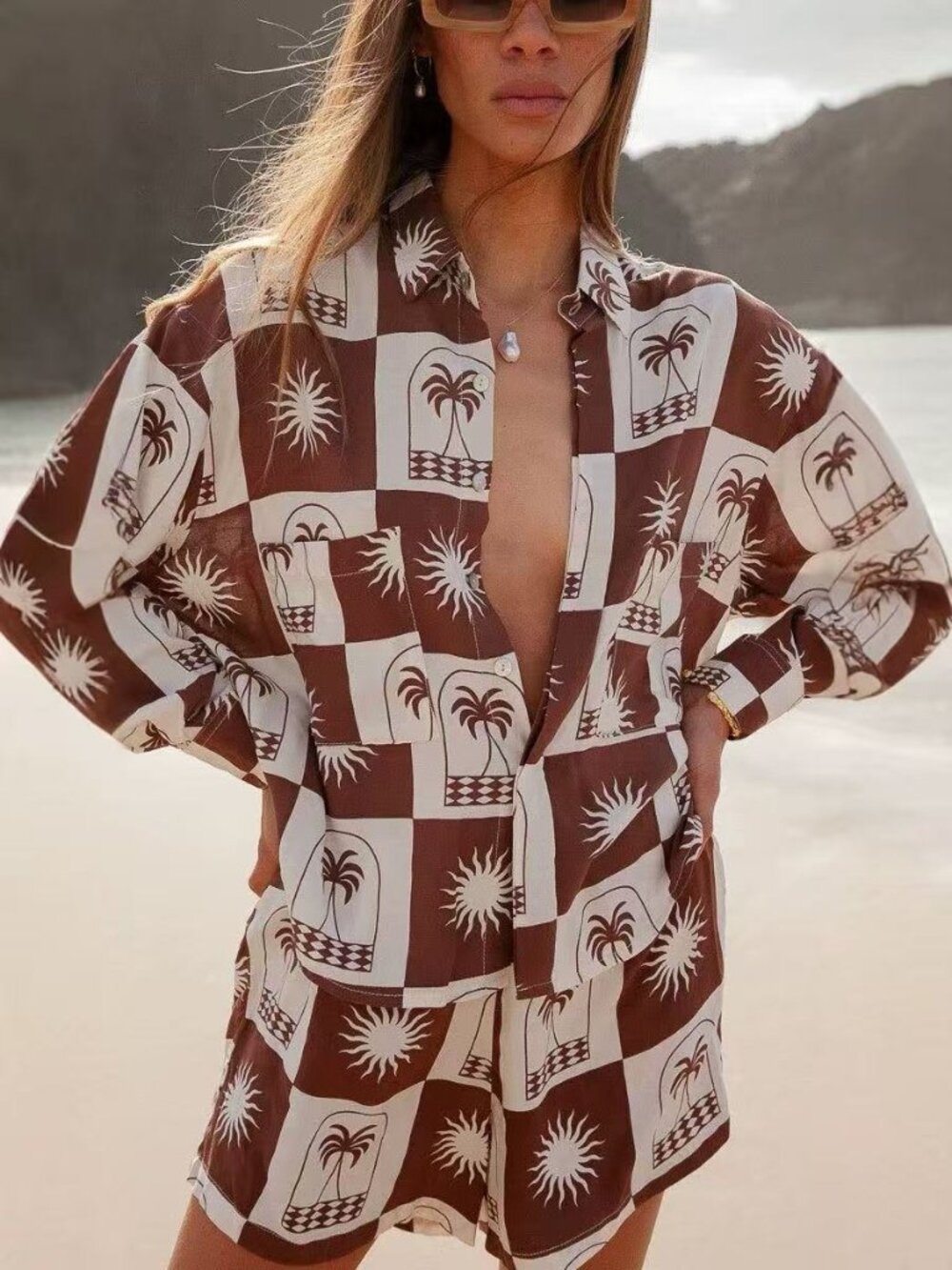 camilla Brown & White Palm-Print Women's Beach Two-piece set.